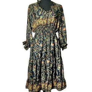 100% Silk Dress Black Floral Vine Print 3/4 Sleeve P2P 19” to 23” Retro